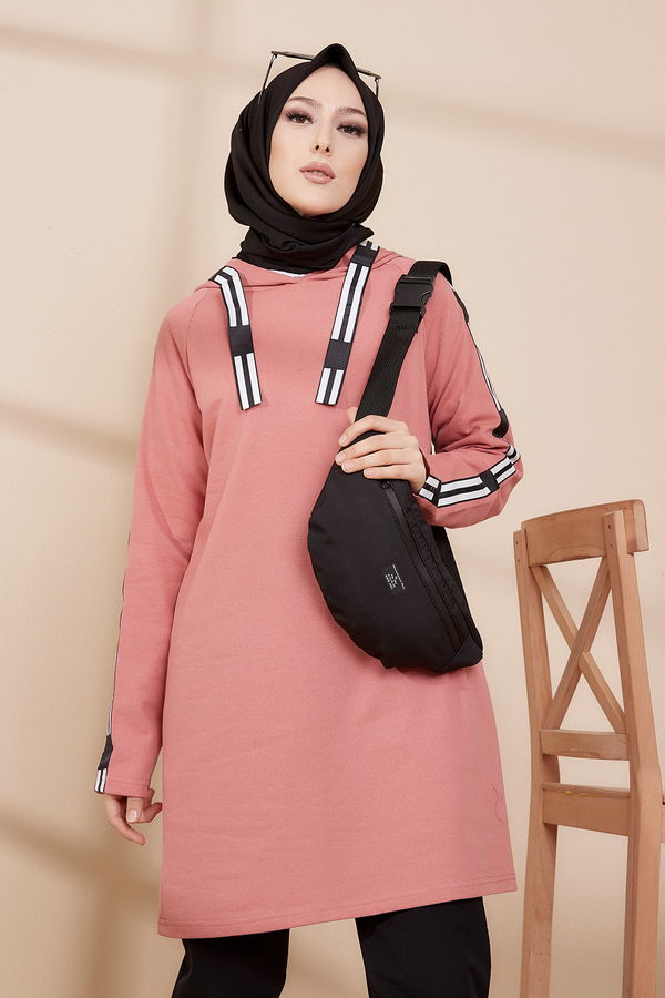 Düz Kapşonlu Yaka Kadın Pembe SERITLI TUNIK - 8358 PEMBE
