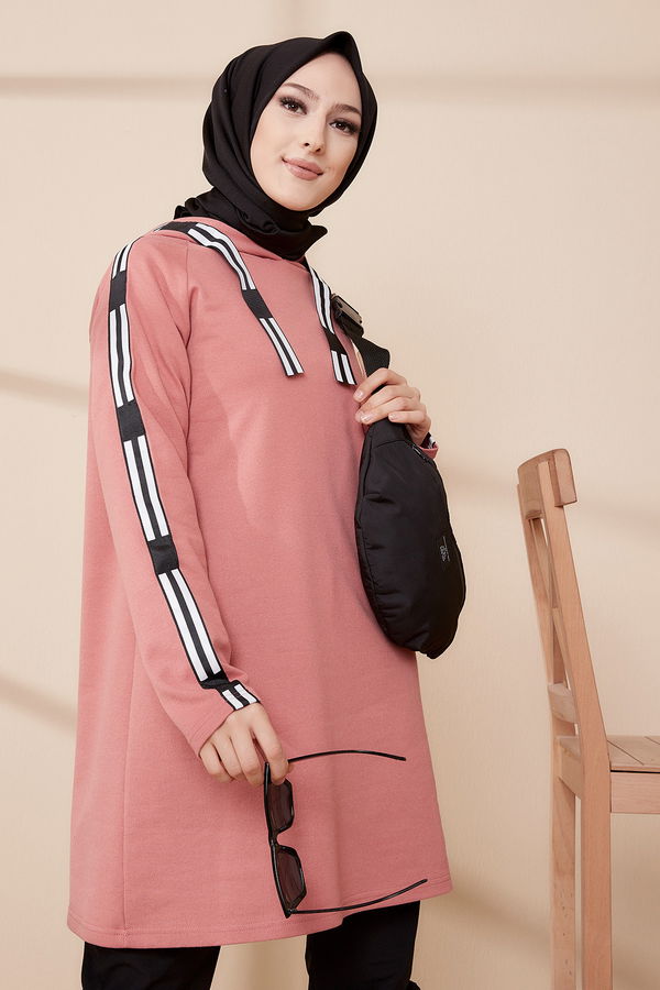 Düz Kapşonlu Yaka Kadın Pembe SERITLI TUNIK - 8358 PEMBE