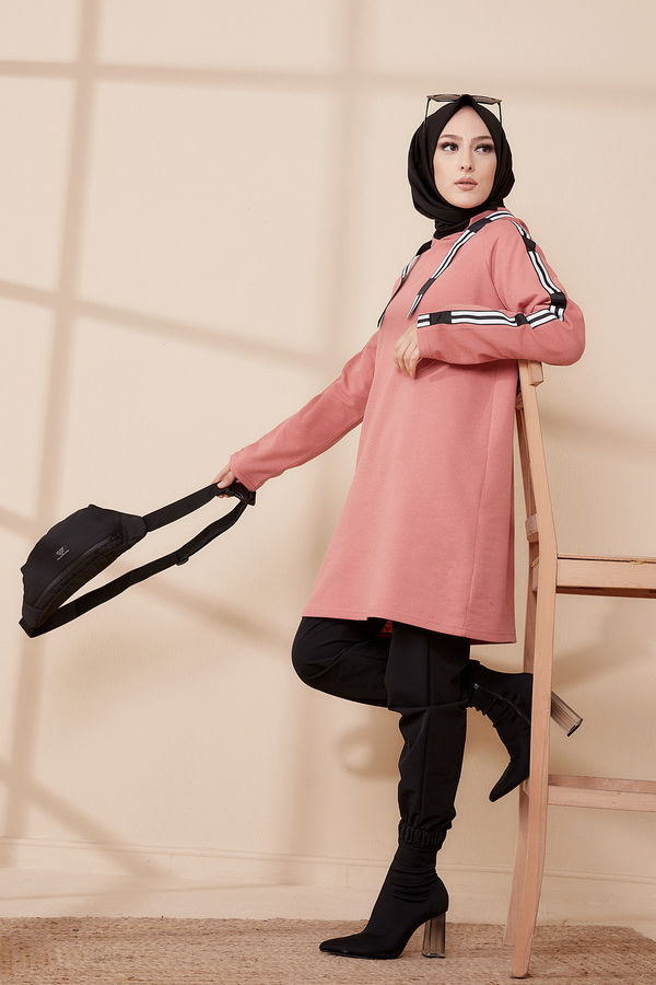 Düz Kapşonlu Yaka Kadın Pembe SERITLI TUNIK - 8358 PEMBE