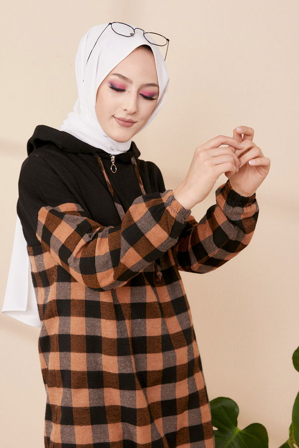 Düz Kapşonlu Yaka Kadın Siyah KAPSONLU TUNIK - 3300 SİYAH
