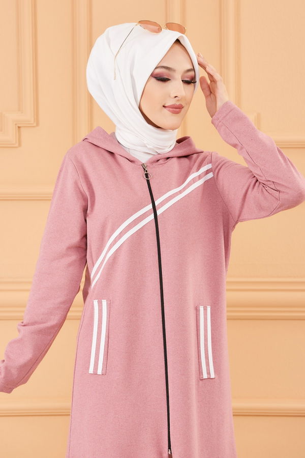 Düz Kapşonlu Yaka Kadın Pembe SERITLI KAP - 4121