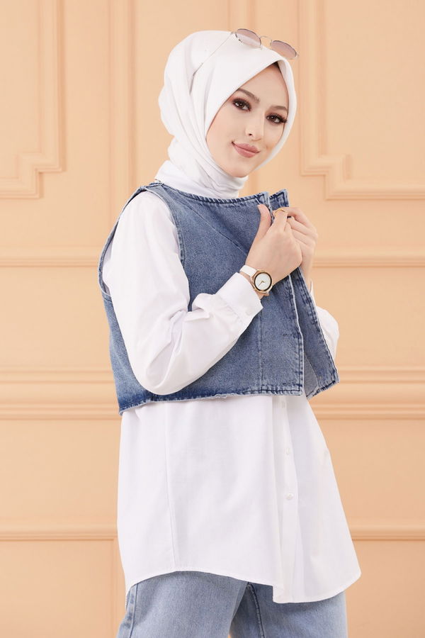 Düz Orta Kadın Mavi CEKET TUNIK - 20556 MAVİ