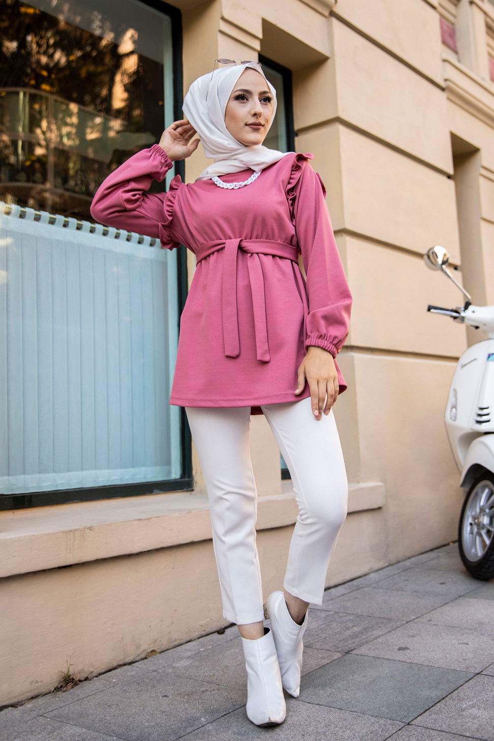Düz Bisiklet Yaka Kadın Pembe KEMERLI TUNIK - 3296 PEMBE