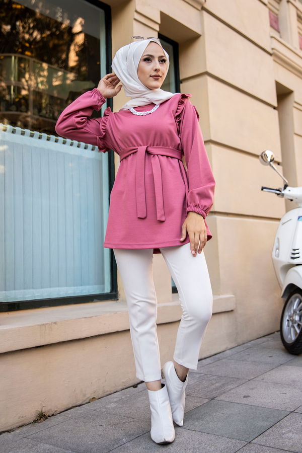Düz Bisiklet Yaka Kadın Pembe KEMERLI TUNIK - 3296 PEMBE