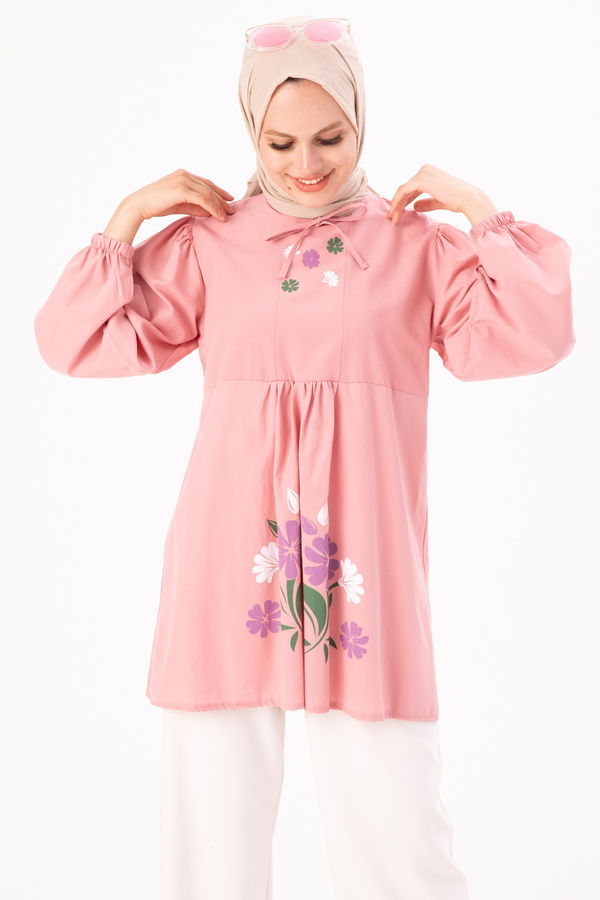 Düz Bisiklet Yaka Kadın Pembe BASKILI TUNIK - 3694 PEMBE