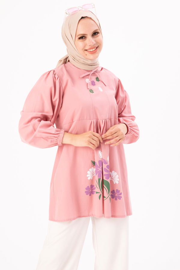 Düz Bisiklet Yaka Kadın Pembe BASKILI TUNIK - 3694 PEMBE