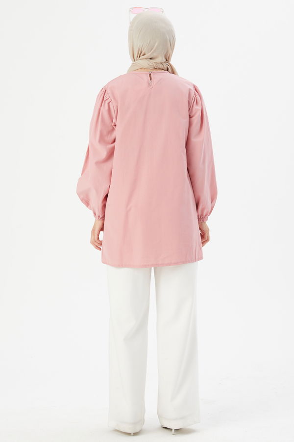 Düz Bisiklet Yaka Kadın Pembe BASKILI TUNIK - 3694 PEMBE