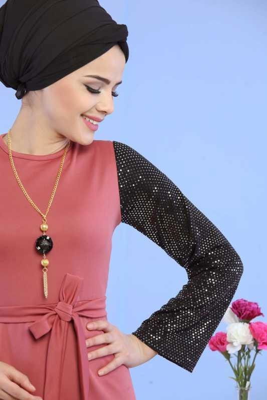 Düz Orta Kadın Pembe Kollu Pullu Elbise Siyah  - 6745 PEMBE