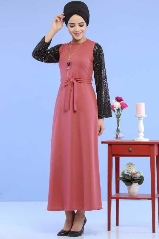Düz Orta Kadın Pembe Kollu Pullu Elbise Siyah  - 6745 PEMBE