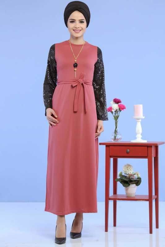 Düz Orta Kadın Pembe Kollu Pullu Elbise Siyah  - 6745 PEMBE