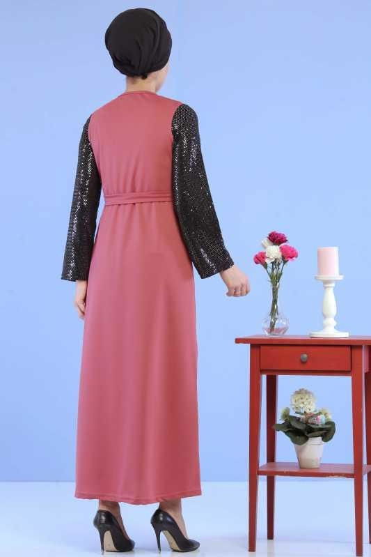 Düz Orta Kadın Pembe Kollu Pullu Elbise Siyah  - 6745 PEMBE