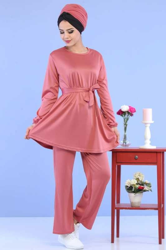 Düz Orta Kadın Pembe Tunik Pantolon Siyah  - 6801