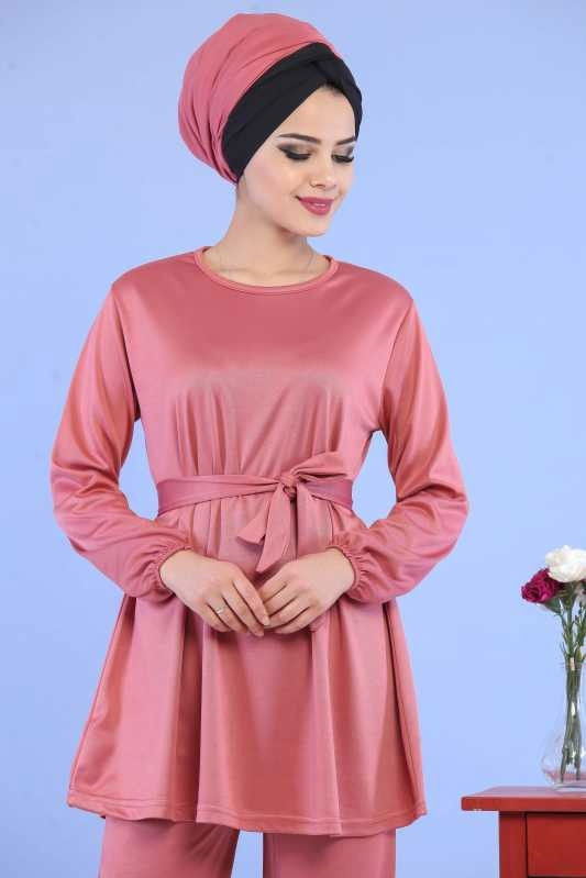 Düz Orta Kadın Pembe Tunik Pantolon Siyah  - 6801