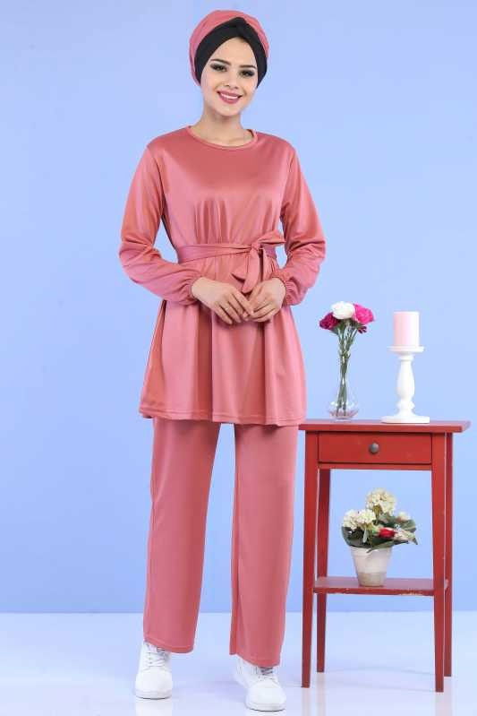 Düz Orta Kadın Pembe Tunik Pantolon Siyah  - 6801