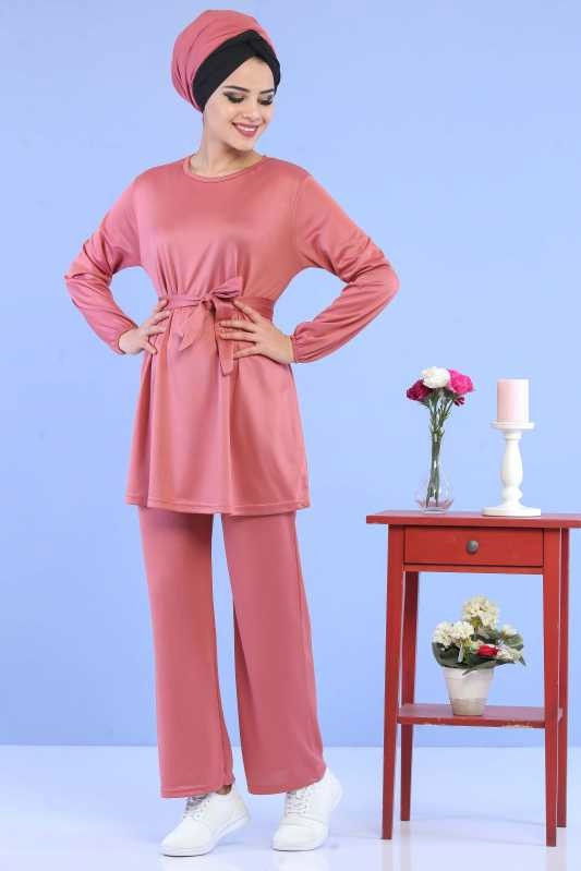 Düz Orta Kadın Pembe Tunik Pantolon Siyah  - 6801