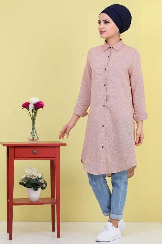 Düz Orta Kadın Pembe Çizgili Tunik Pembe  - 6828