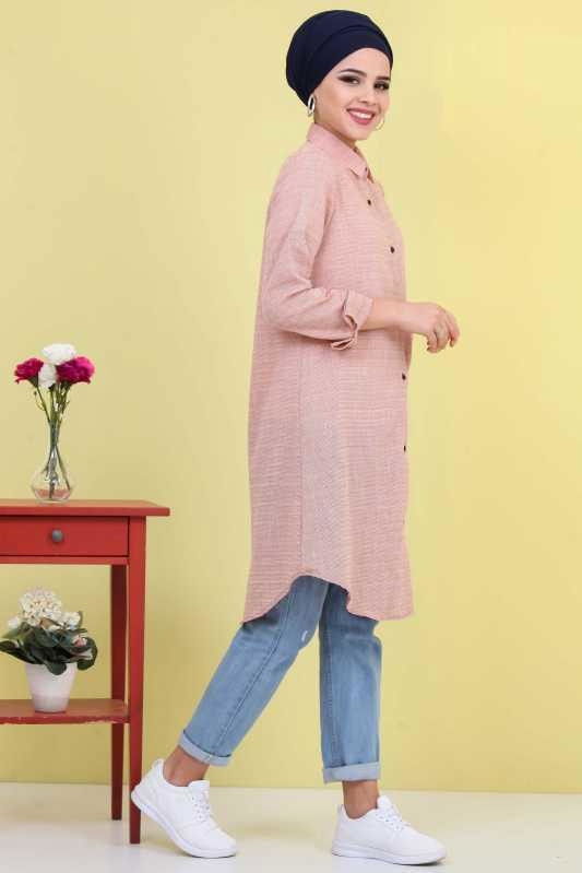 Düz Orta Kadın Pembe Çizgili Tunik Pembe  - 6828