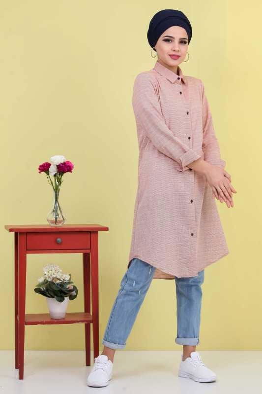 Düz Orta Kadın Pembe Çizgili Tunik Pembe  - 6828