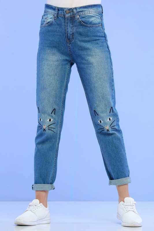 Düz Orta Kadın Mavi Kedi Baskılı Kot Pantolon Kot Rengi  - 6861