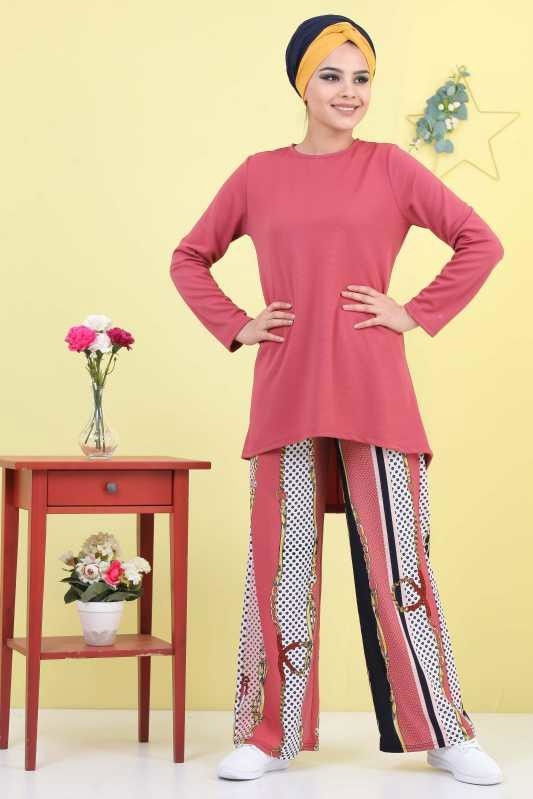 Düz Orta Kadın Pembe Tunik Pantolon Siyah Pudra  - 6877 PEMBE