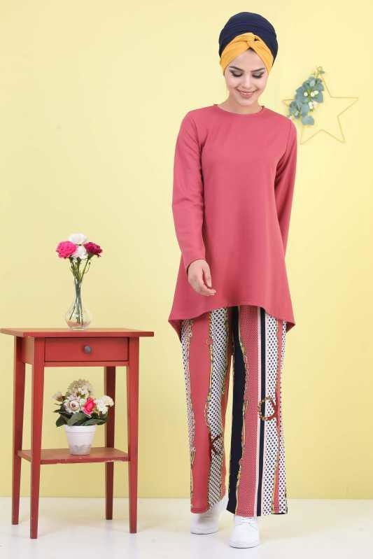 Düz Orta Kadın Pembe Tunik Pantolon Siyah Pudra  - 6877 PEMBE
