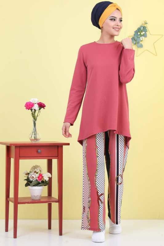 Düz Orta Kadın Pembe Tunik Pantolon Siyah Pudra  - 6877 PEMBE
