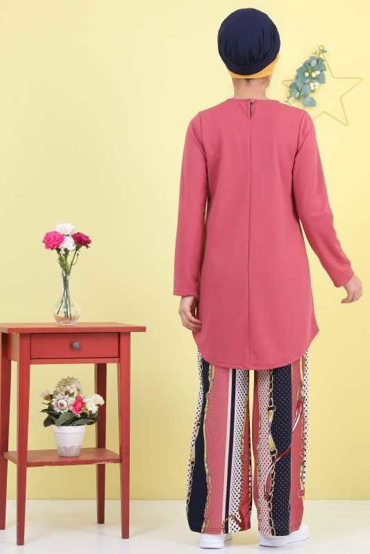Düz Orta Kadın Pembe Tunik Pantolon Siyah Pudra  - 6877 PEMBE
