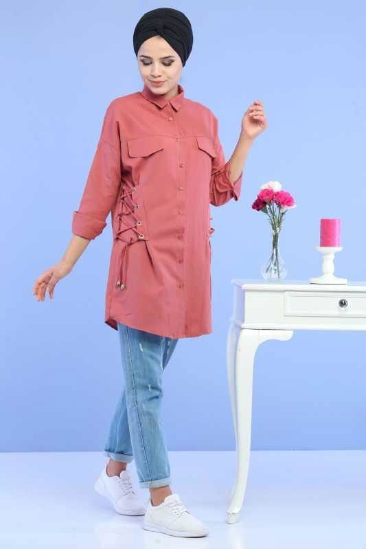 Düz Orta Kadın Pembe Kuş Gözlü Tunik Haki  - 6898 PEMBE