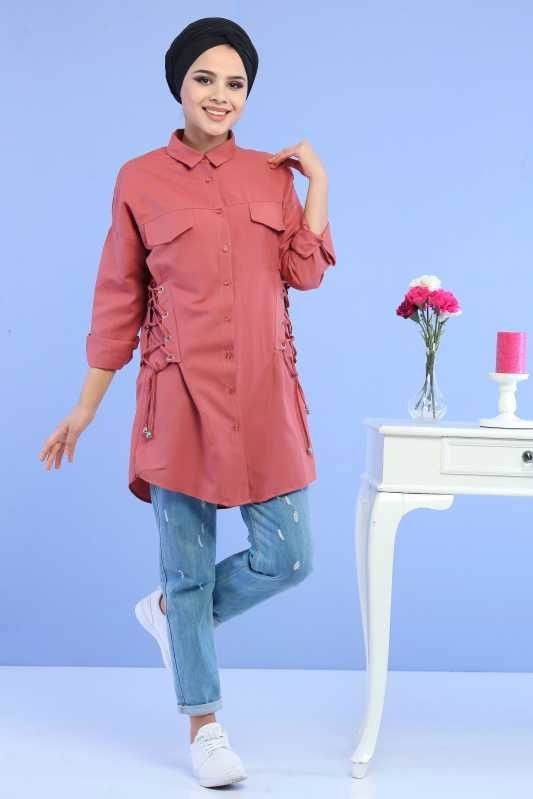 Düz Orta Kadın Pembe Kuş Gözlü Tunik Haki  - 6898 PEMBE