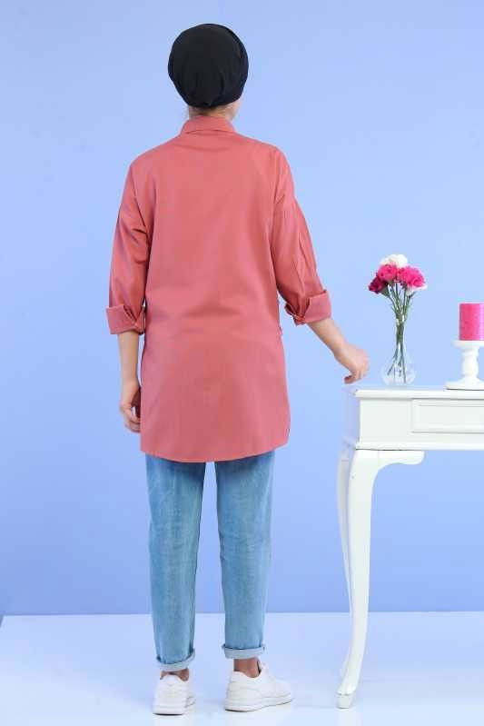 Düz Orta Kadın Pembe Kuş Gözlü Tunik Haki  - 6898 PEMBE