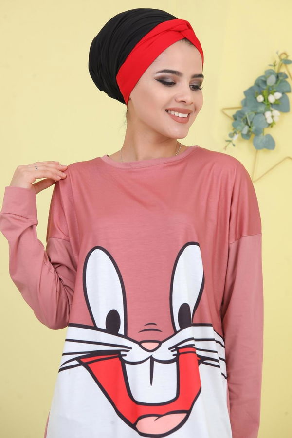 Düz Orta Kadın Pembe Baskılı Kapşonlu Tunik Bordo  - 6781 PEMBE