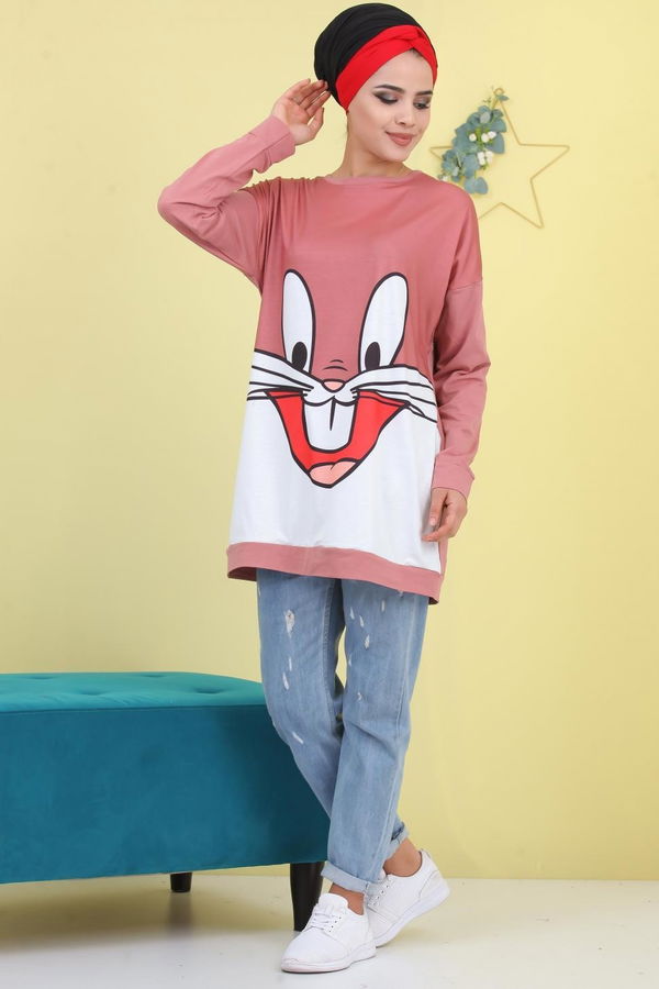 Düz Orta Kadın Pembe Baskılı Kapşonlu Tunik Bordo  - 6781 PEMBE