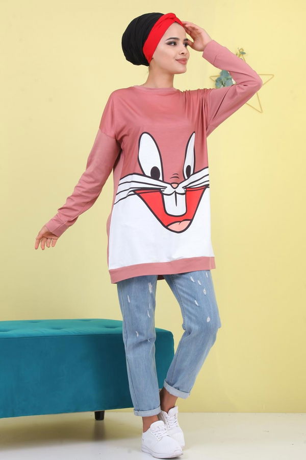 Düz Orta Kadın Pembe Baskılı Kapşonlu Tunik Bordo  - 6781 PEMBE