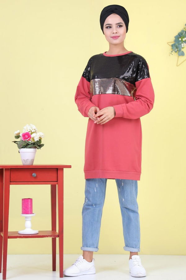 Düz Orta Kadın Pembe Pullu Tunik Siyah  - 6981
