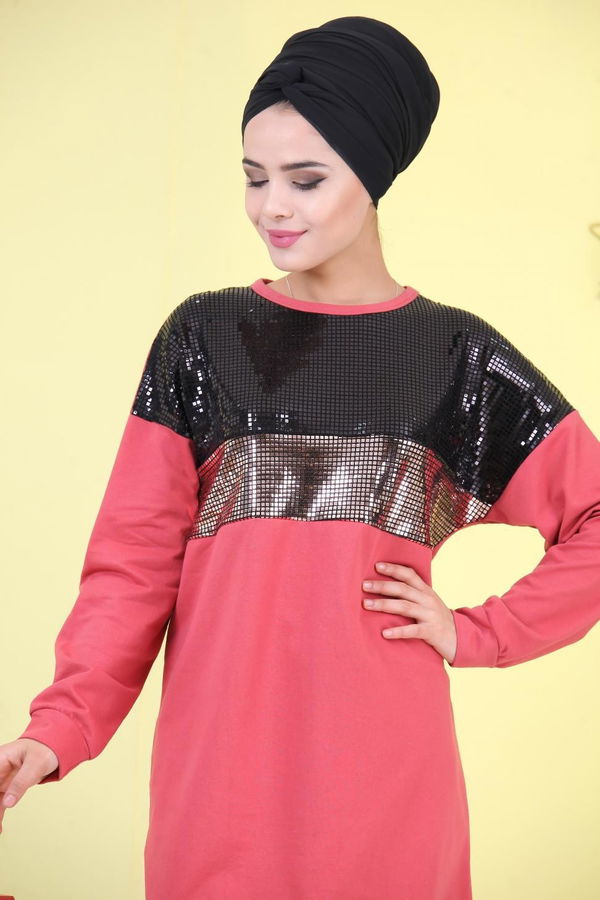 Düz Orta Kadın Pembe Pullu Tunik Siyah  - 6981