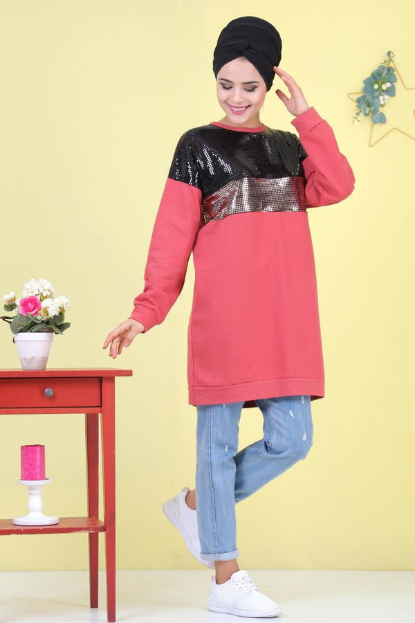 Düz Orta Kadın Pembe Pullu Tunik Siyah  - 6981