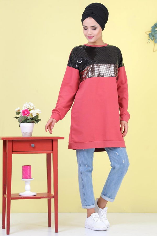 Düz Orta Kadın Pembe Pullu Tunik Siyah  - 6981