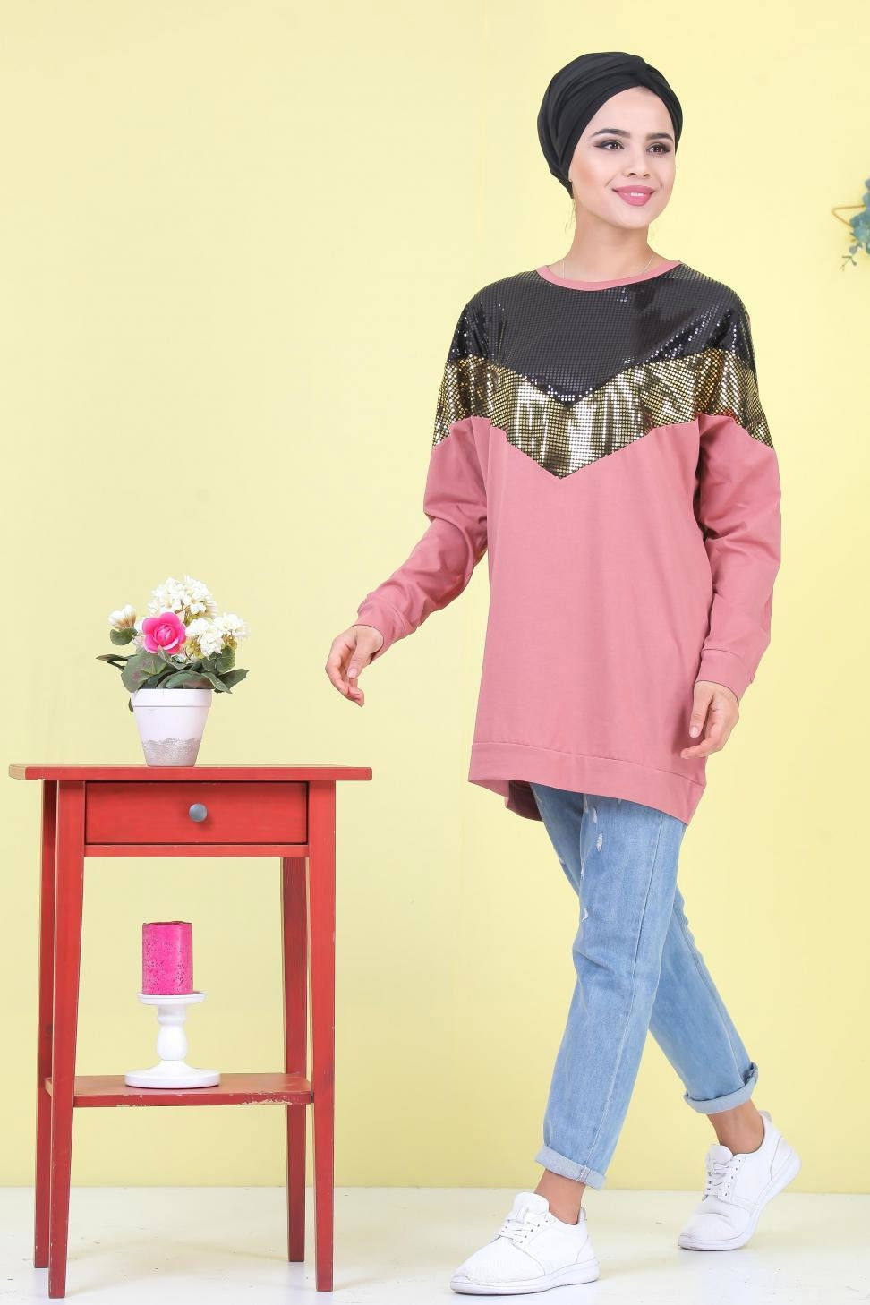 Düz Orta Kadın Pembe Pullu Tunik Siyah  - 6989 PEMBE
