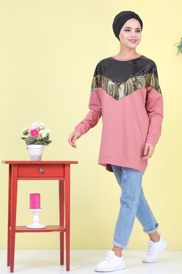 Düz Orta Kadın Pembe Pullu Tunik Siyah  - 6989 PEMBE