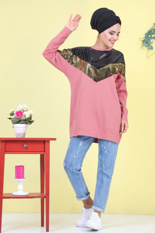 Düz Orta Kadın Pembe Pullu Tunik Siyah  - 6989 PEMBE