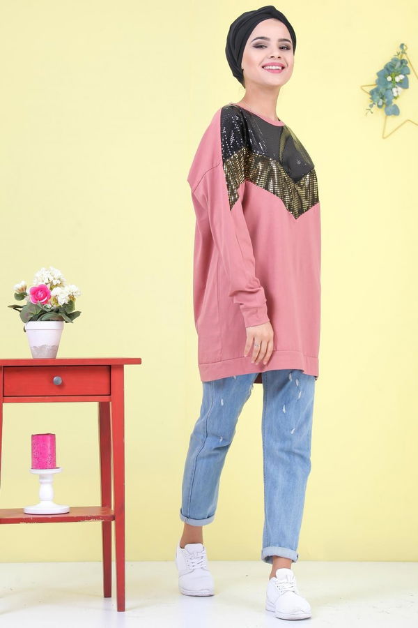 Düz Orta Kadın Pembe Pullu Tunik Siyah  - 6989 PEMBE