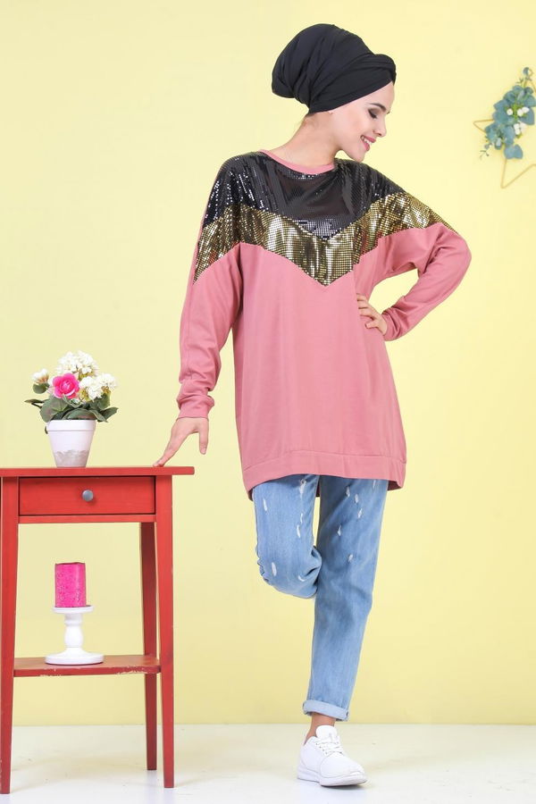 Düz Orta Kadın Pembe Pullu Tunik Siyah  - 6989 PEMBE