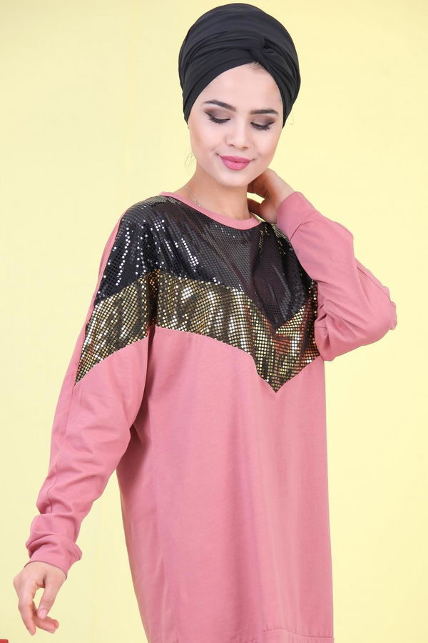 Düz Orta Kadın Pembe Pullu Tunik Siyah  - 6989 PEMBE