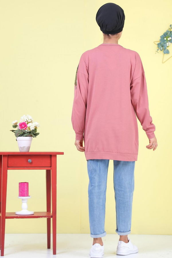 Düz Orta Kadın Pembe Pullu Tunik Siyah  - 6989 PEMBE