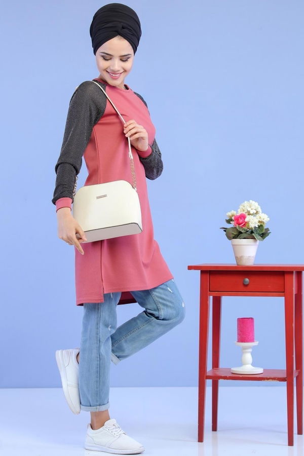 Düz Orta Kadın Pembe Simli Tunik Siyah 02 6886 - 6886