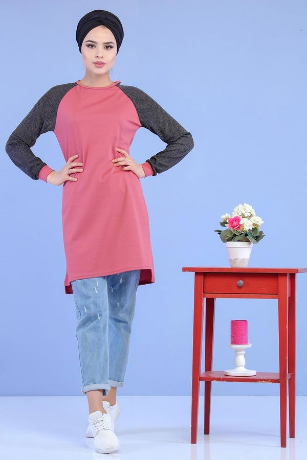 Düz Orta Kadın Pembe Simli Tunik Siyah 02 6886 - 6886