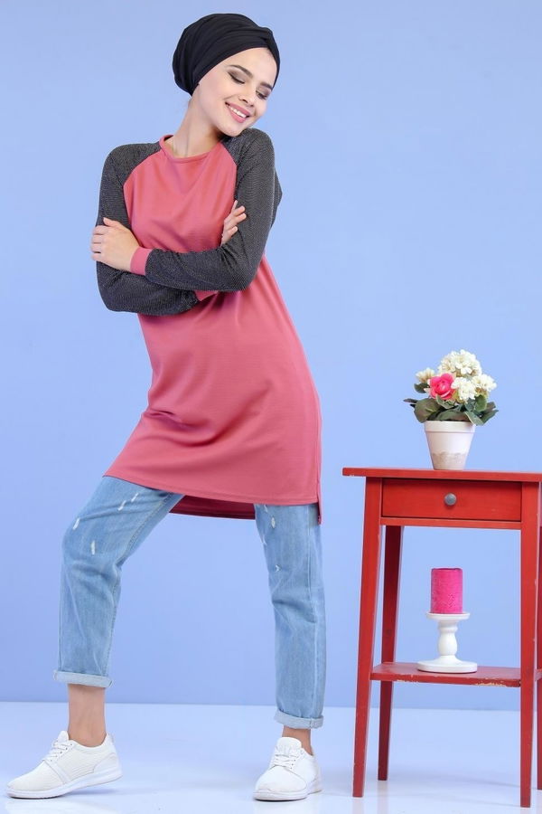 Düz Orta Kadın Pembe Simli Tunik Siyah 02 6886 - 6886