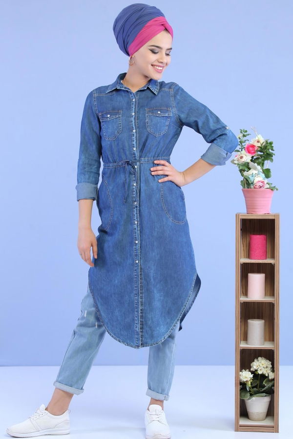 Düz Orta Kadın Mavi Kot Tunik Kot Rengi - 02 7007 - 7007 MAVİ