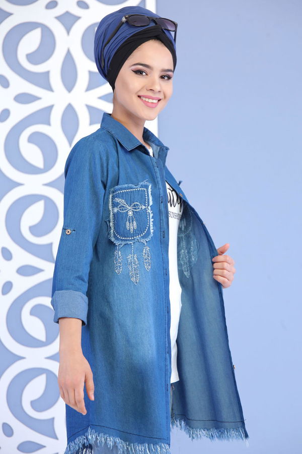 Düz Orta Kadın Mavi Tunik + T- Shirt Kot Rengi - 02 7157 - 7157