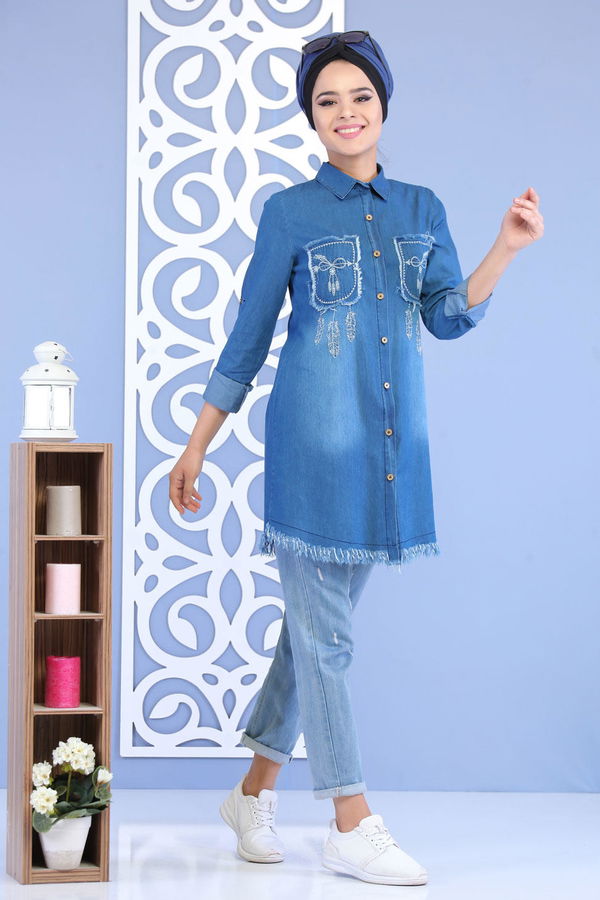 Düz Orta Kadın Mavi Tunik + T- Shirt Kot Rengi - 02 7157 - 7157